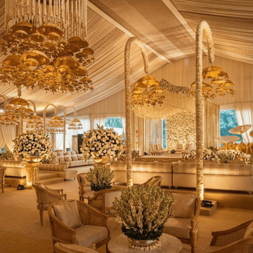 Stylish cocktail party lounge area with ambient lighting and modern furniture