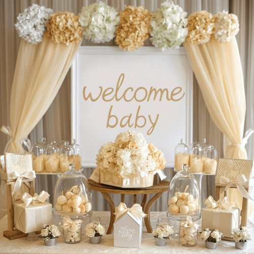 Pastel-themed luxury baby shower decoration with balloons and floral accents